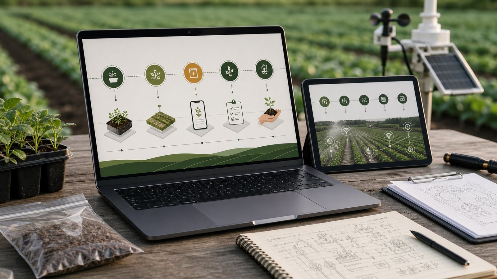Agricultural app delivery process on laptop and tablet