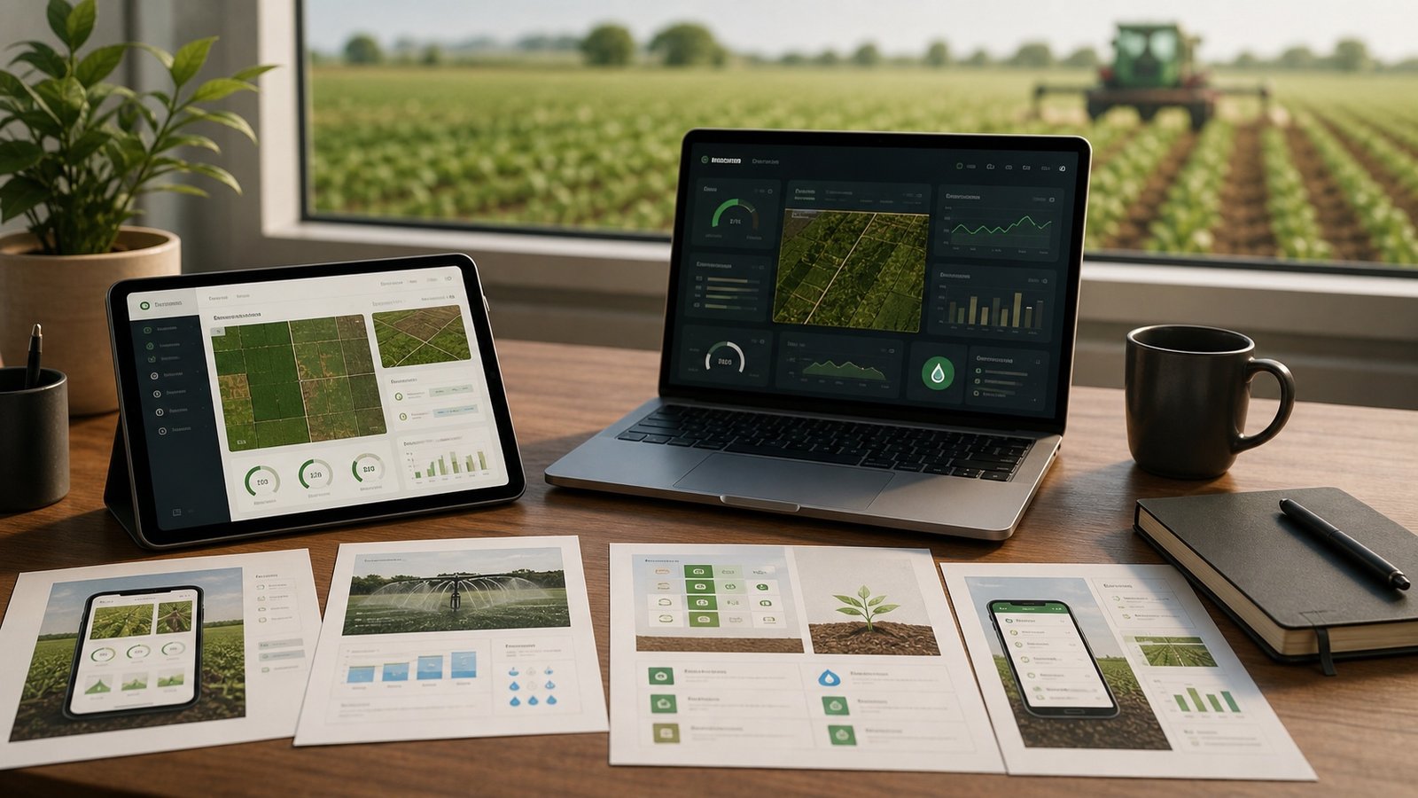 Agricultural software service mockups on a desk